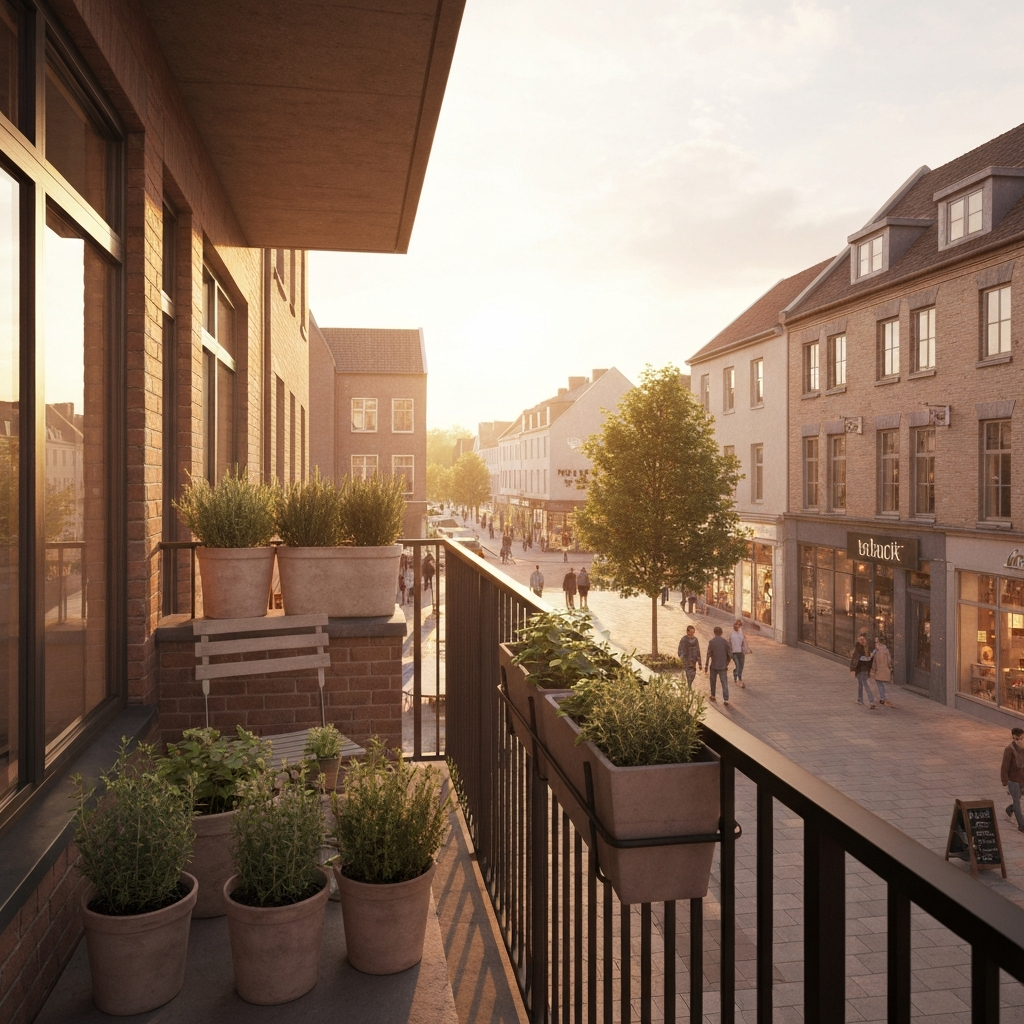 Suggested image: balcony at sunset/golden hour, herb pots, town centre visible below with people walking, outdoor café tables, signs of life. Peaceful, content, independent. Warm lighting, hopeful mood. This is the future we could choose.