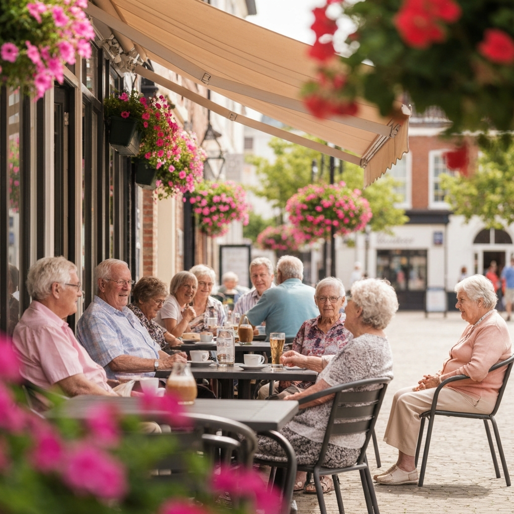at outdoor community café, elderly. Town centre setting, awning providing shade, planters with flowers, relaxed and social. Conveying independence, connection, wellbeing.