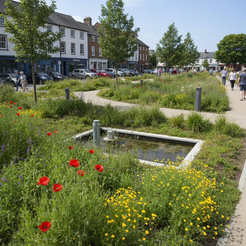 Rain garden in former car park area. Native wildflowers, grasses, shallow basin design visible, water feature or evidence of water management, bees on flowers. People walking past on permeable paving. Town centre building conversions visible in background. Summer scene, vibrant and alive.