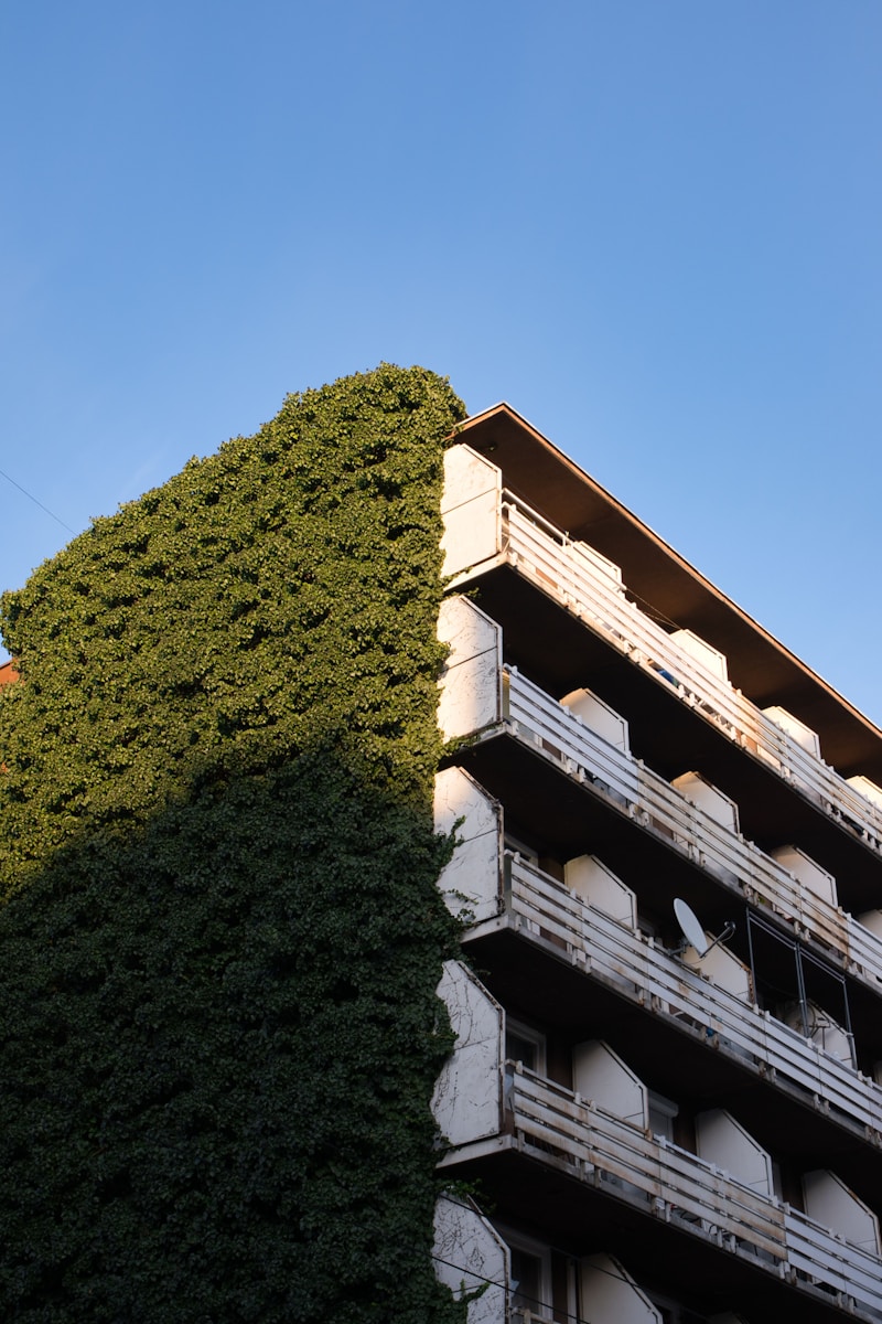 a very tall building with a green plant growing on it's side